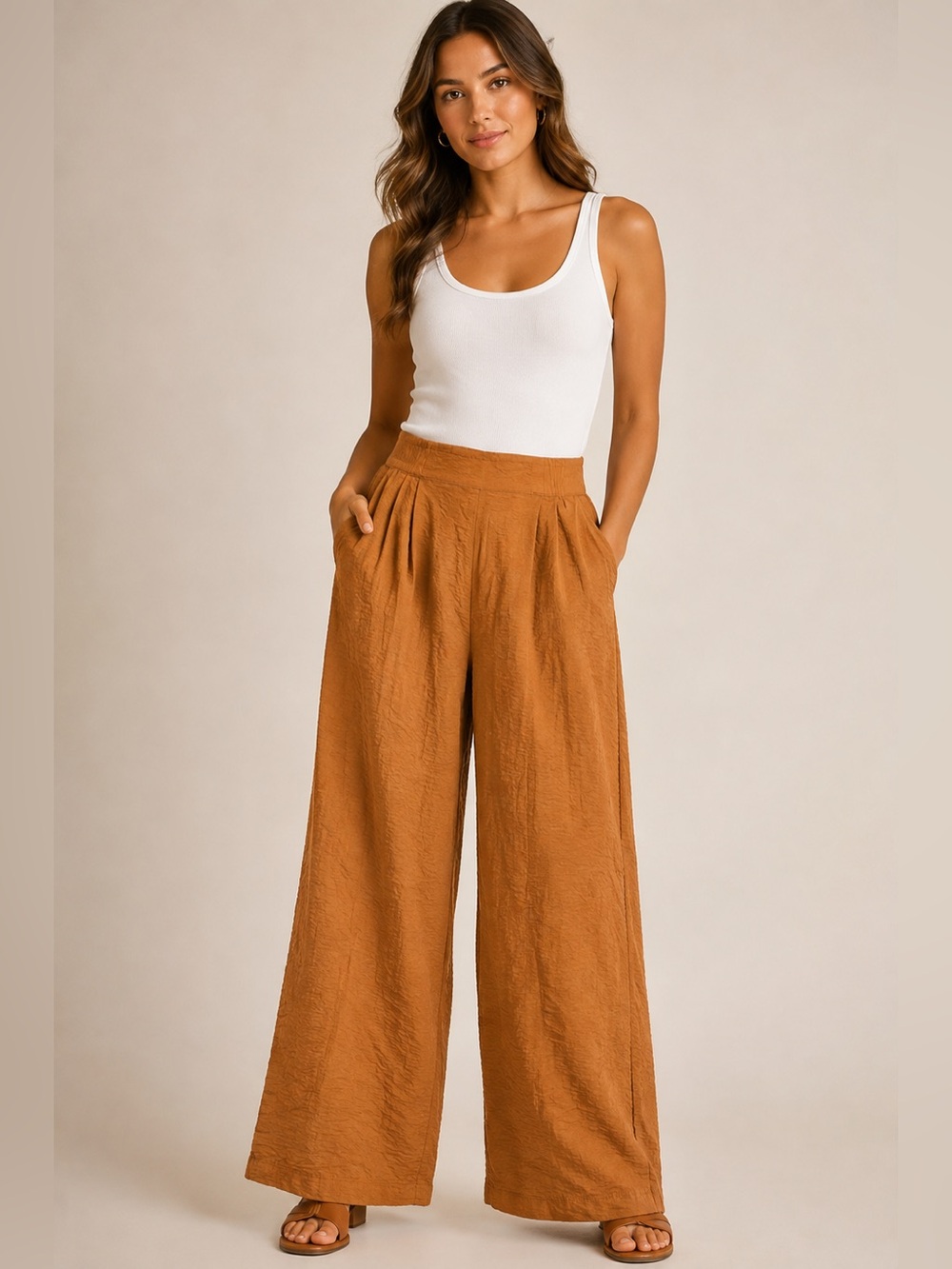 YFB Wide-Leg High-Waist Crinkle leg pant- cognac